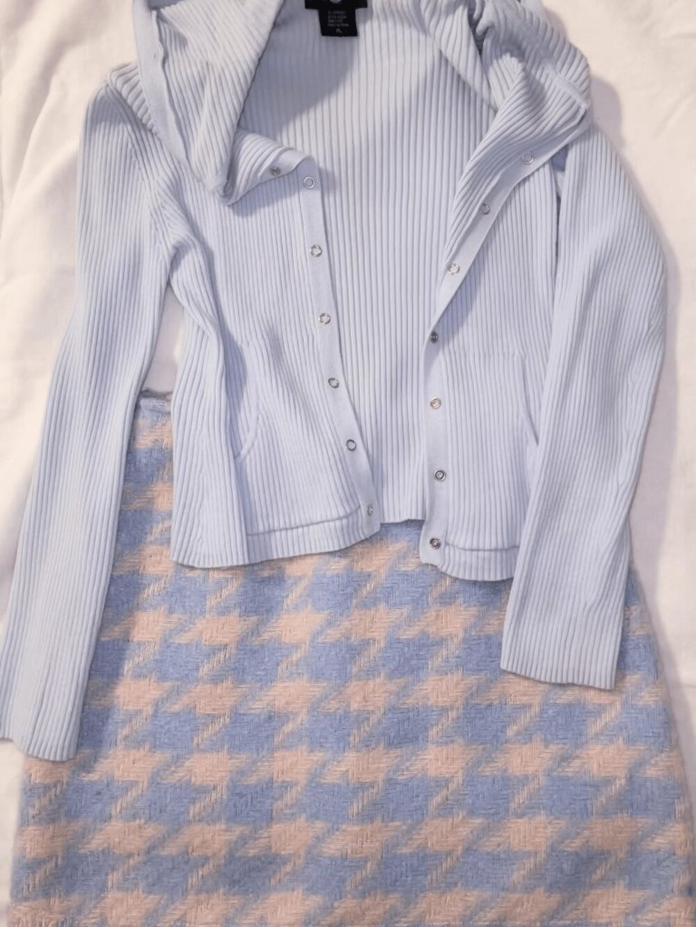 Preppy - Ribbed, Hooded, Button up Cardigan + Houndstooth Mini Skirt Set